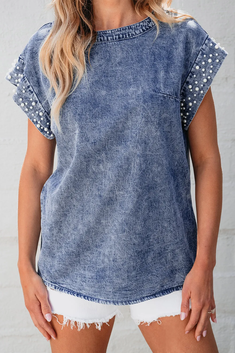 Acid Wash Pearl Embellishments O-neck Denim Top