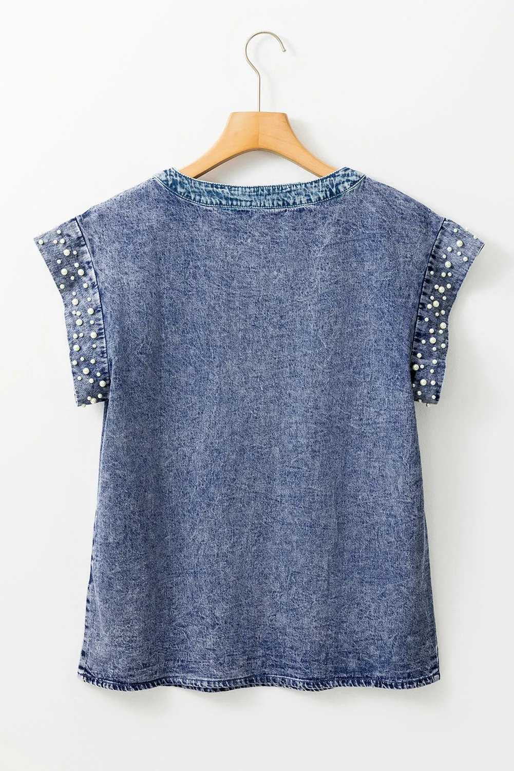 Acid Wash Pearl Embellishments O-neck Denim Top