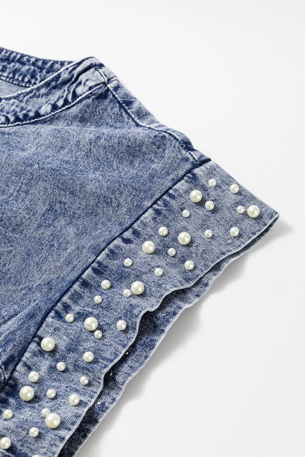 Acid Wash Pearl Embellishments O-neck Denim Top