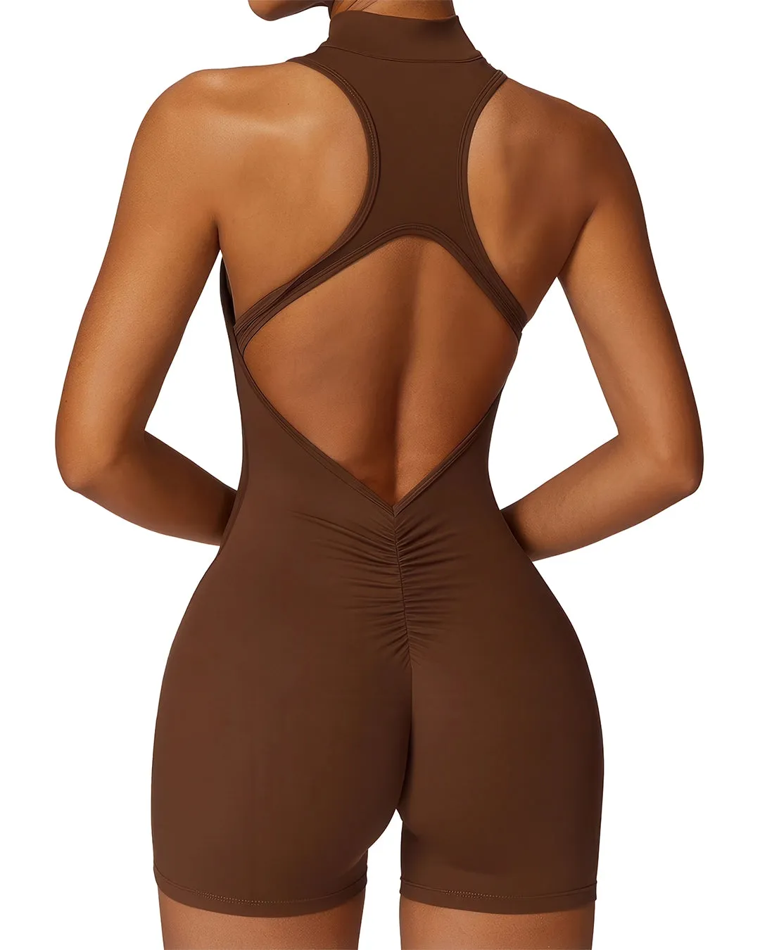 Activewear Bodysuit with Zipper - Brown