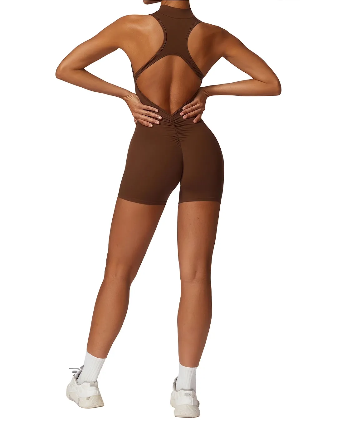 Activewear Bodysuit with Zipper - Brown