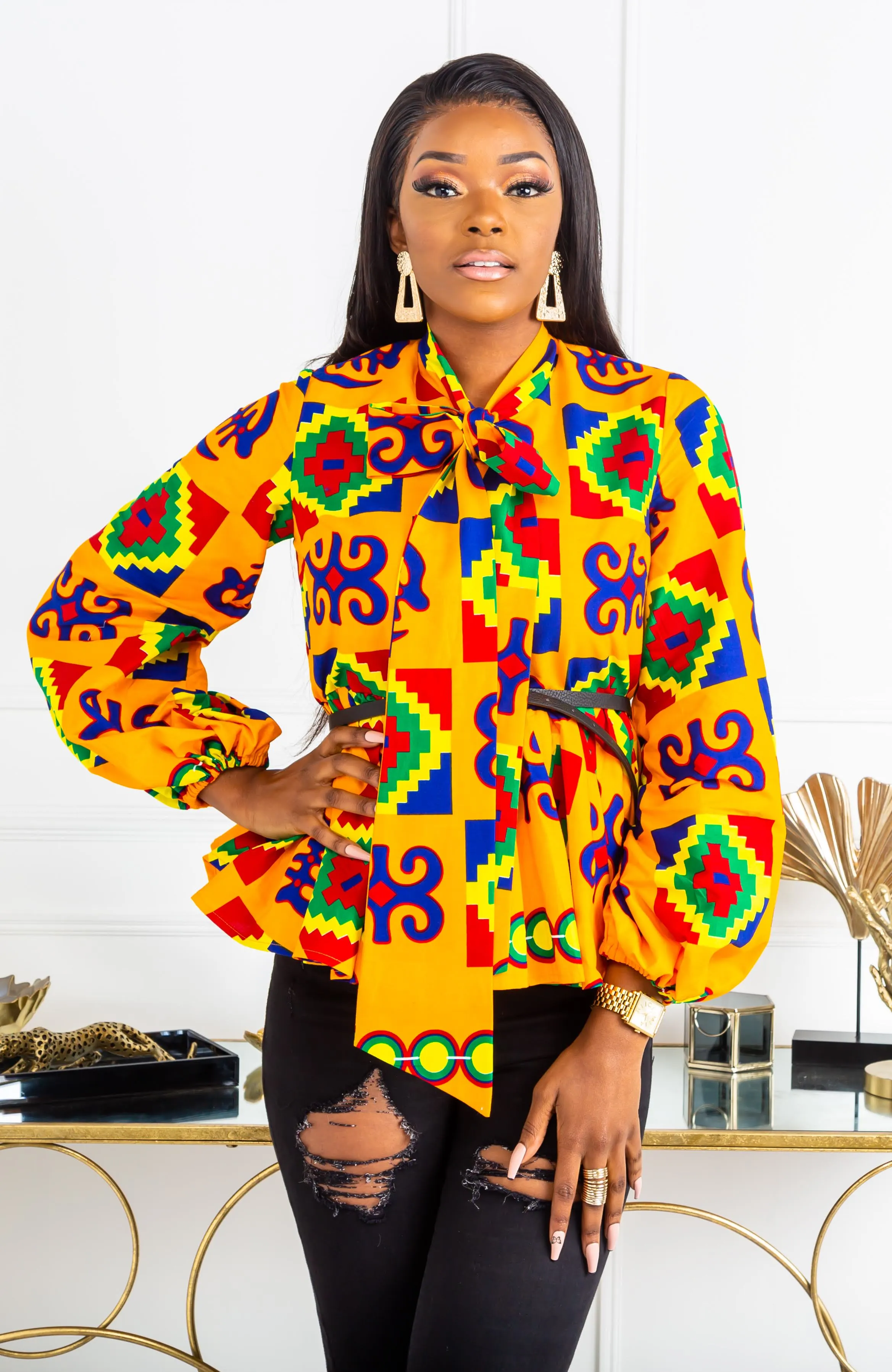 African Print Blouse - Ankara Pussybow Peplum Top - NATALIA