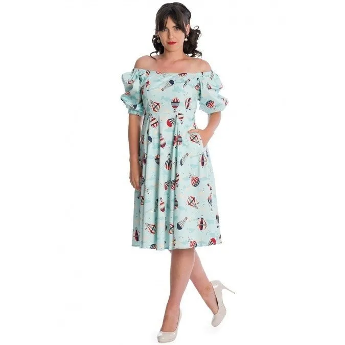 Aqua Blue Hot Air Balloon Print Puff Sleeve Vintage Style Swing Dress