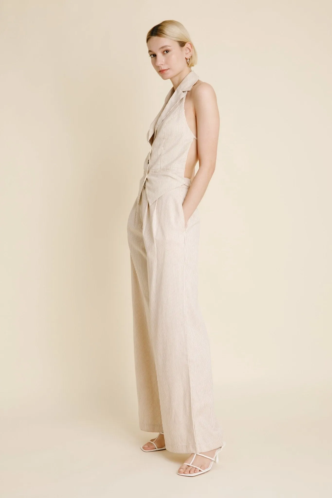 Aureum Ivory Pinstripe Twill Wide Leg Pants - FINAL SALE