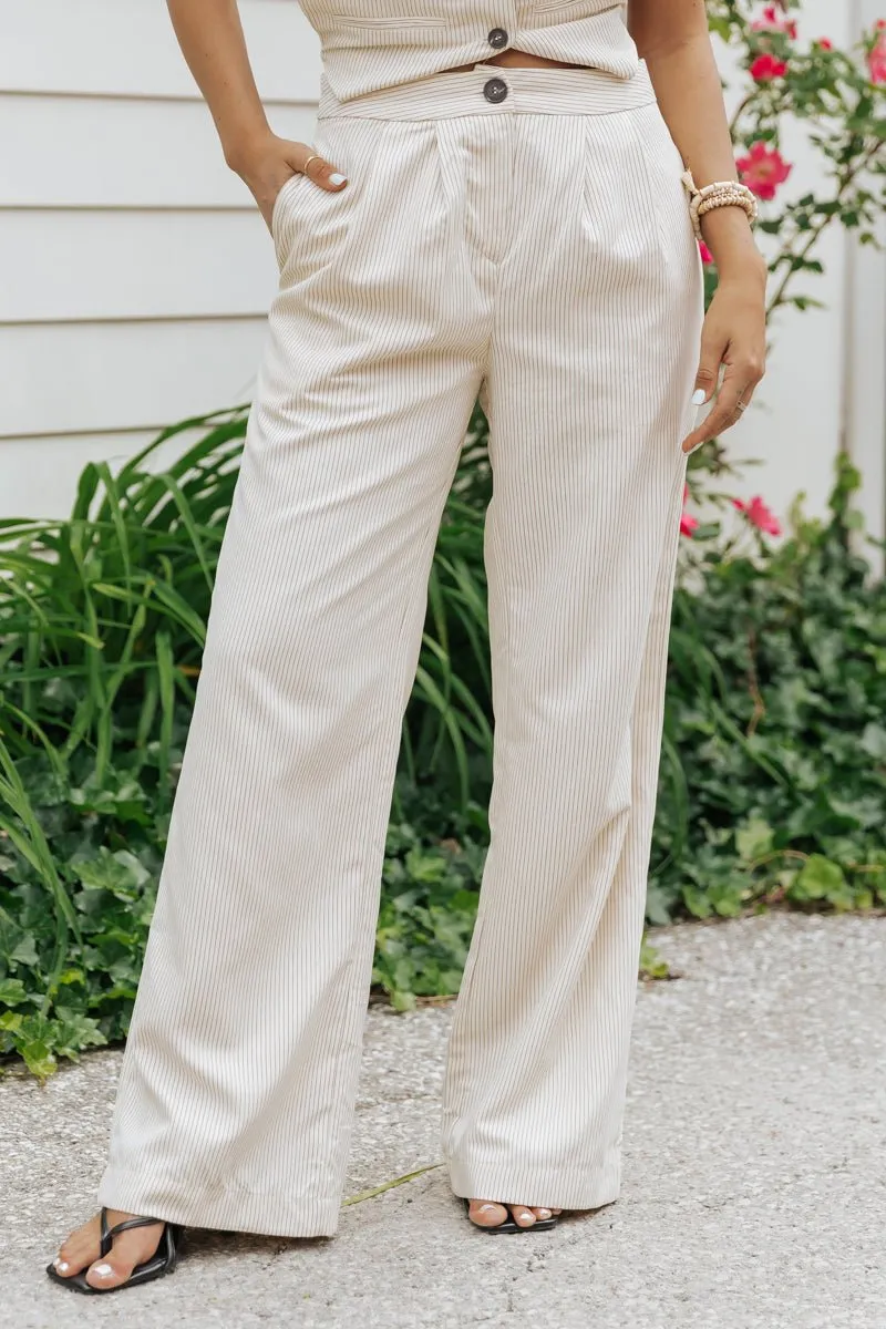 Aureum Ivory Pinstripe Twill Wide Leg Pants - FINAL SALE