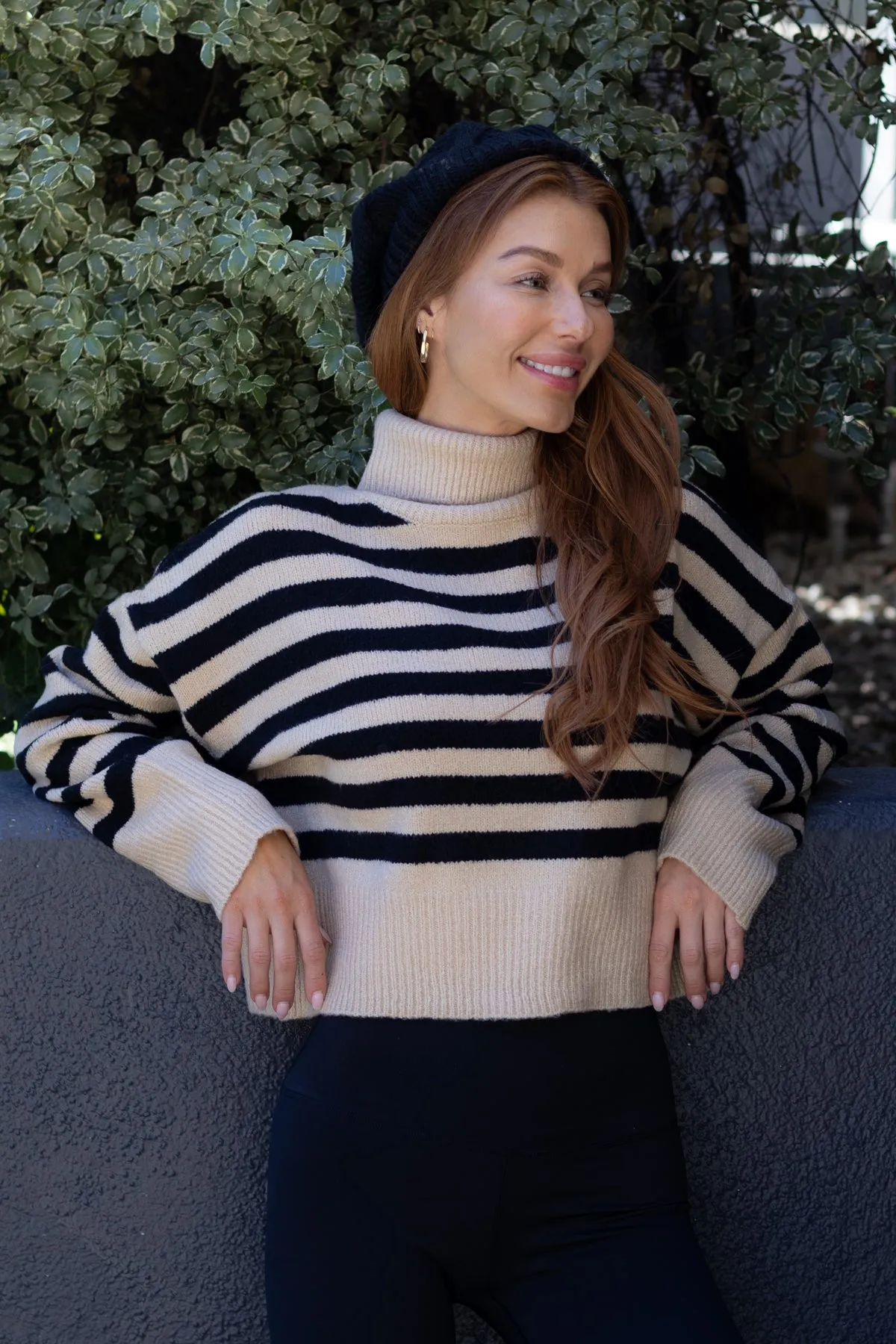 Beige and Black Striped Turtleneck Sweater