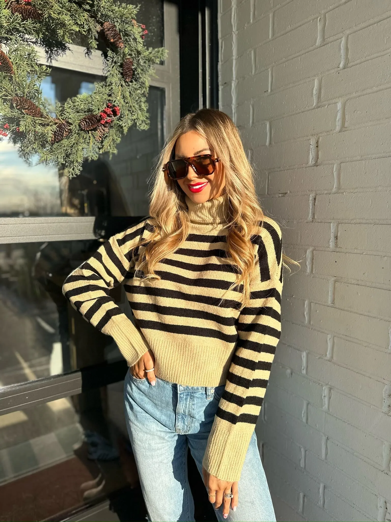 Beige and Black Striped Turtleneck Sweater