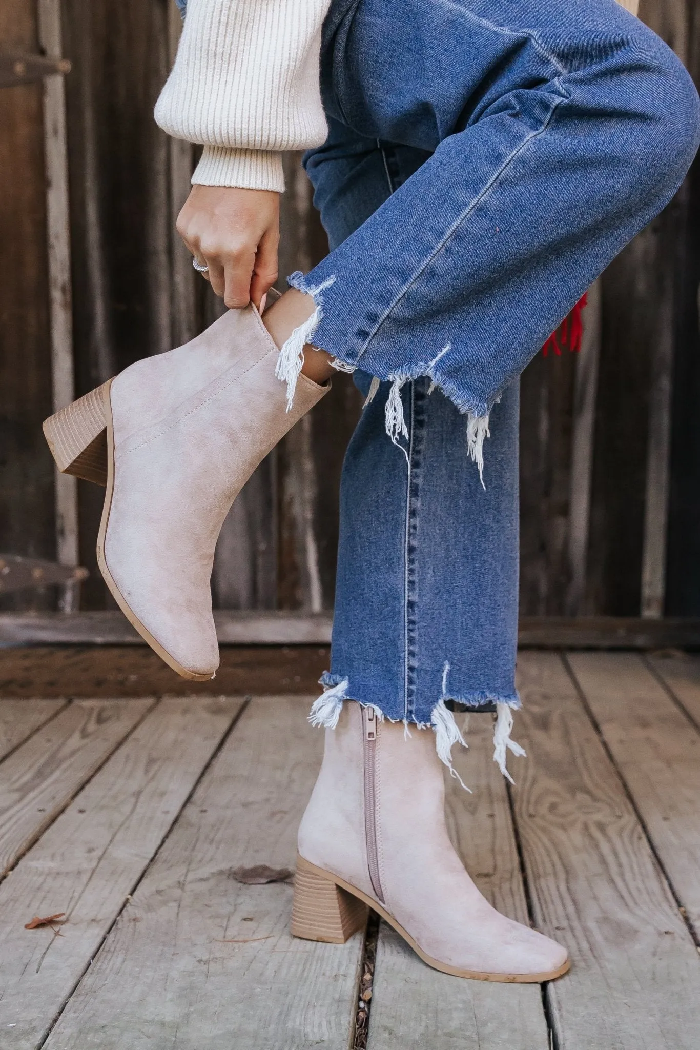 Beige Faux Suede Heeled Ankle Booties