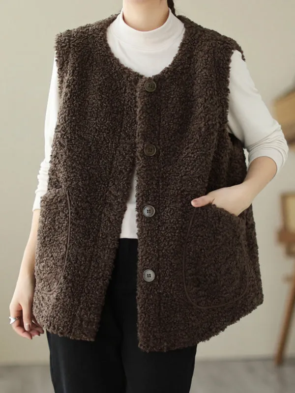 Buttoned Pockets Loose Sleeveless Round-Neck Vest Outerwear