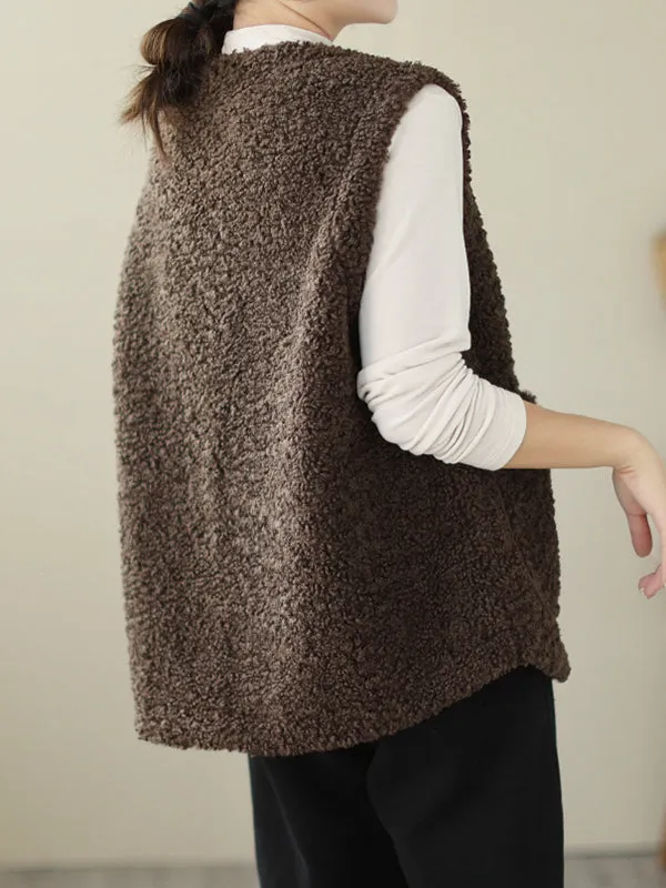 Buttoned Pockets Loose Sleeveless Round-Neck Vest Outerwear