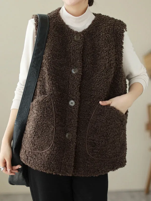 Buttoned Pockets Loose Sleeveless Round-Neck Vest Outerwear