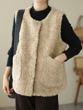 Buttoned Pockets Loose Sleeveless Round-Neck Vest Outerwear