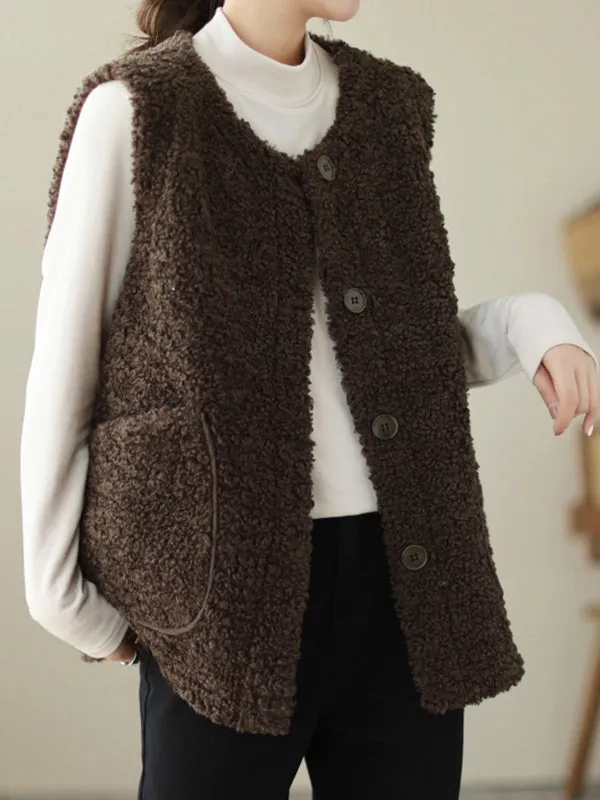 Buttoned Pockets Loose Sleeveless Round-Neck Vest Outerwear