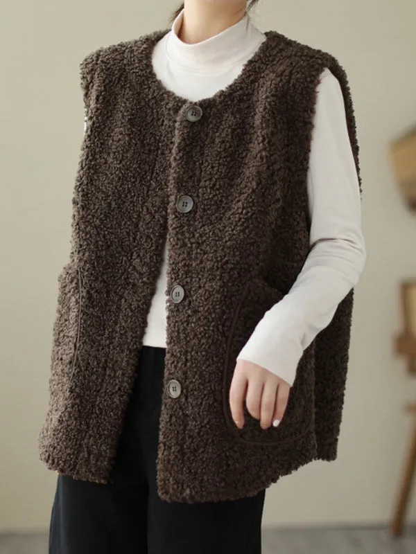 Buttoned Pockets Loose Sleeveless Round-Neck Vest Outerwear