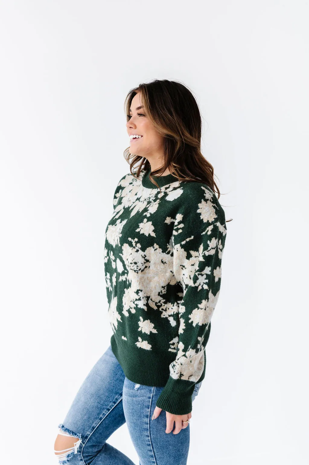 Calla Floral Knit Sweater in Green