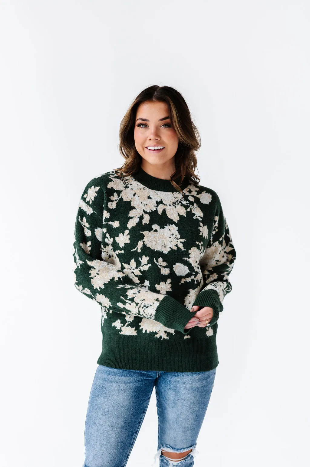 Calla Floral Knit Sweater in Green