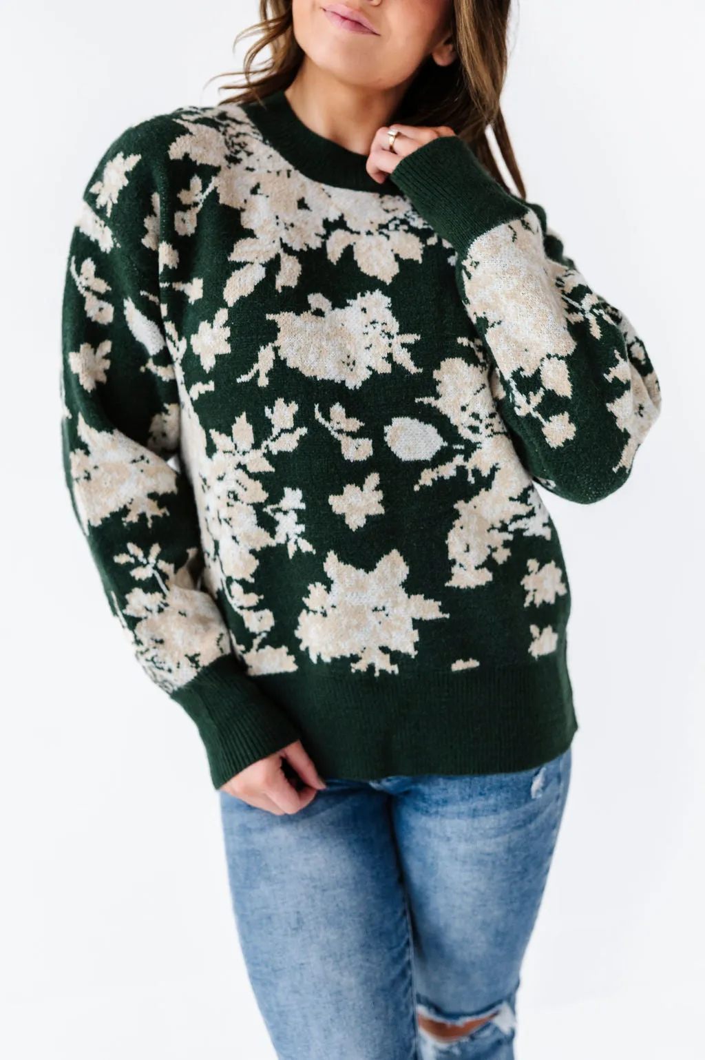 Calla Floral Knit Sweater in Green