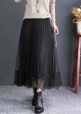 Chic Black Elastic Waist Lace Patchwork Tulle Skirts Fall ML0833