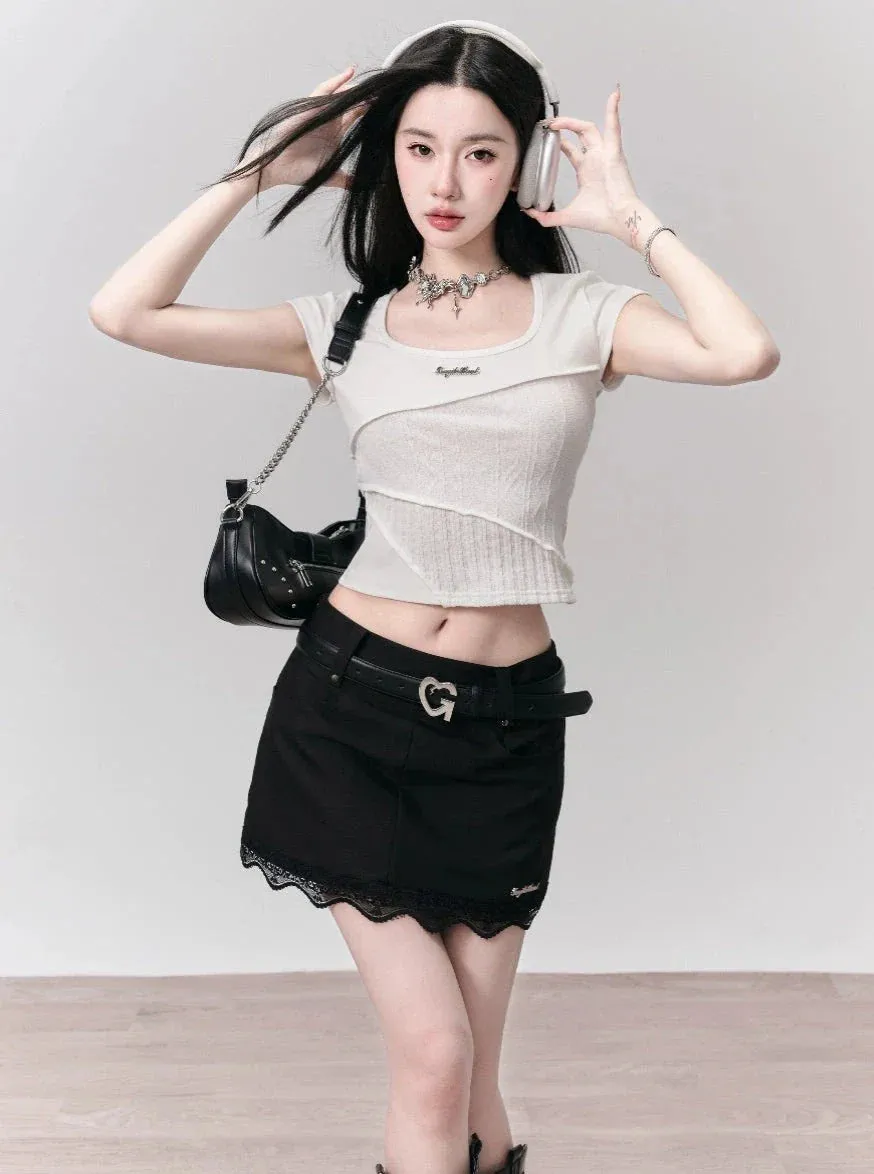 Classic Elegance Mini Skirt: Black Denim with Scalloped Lace Hem