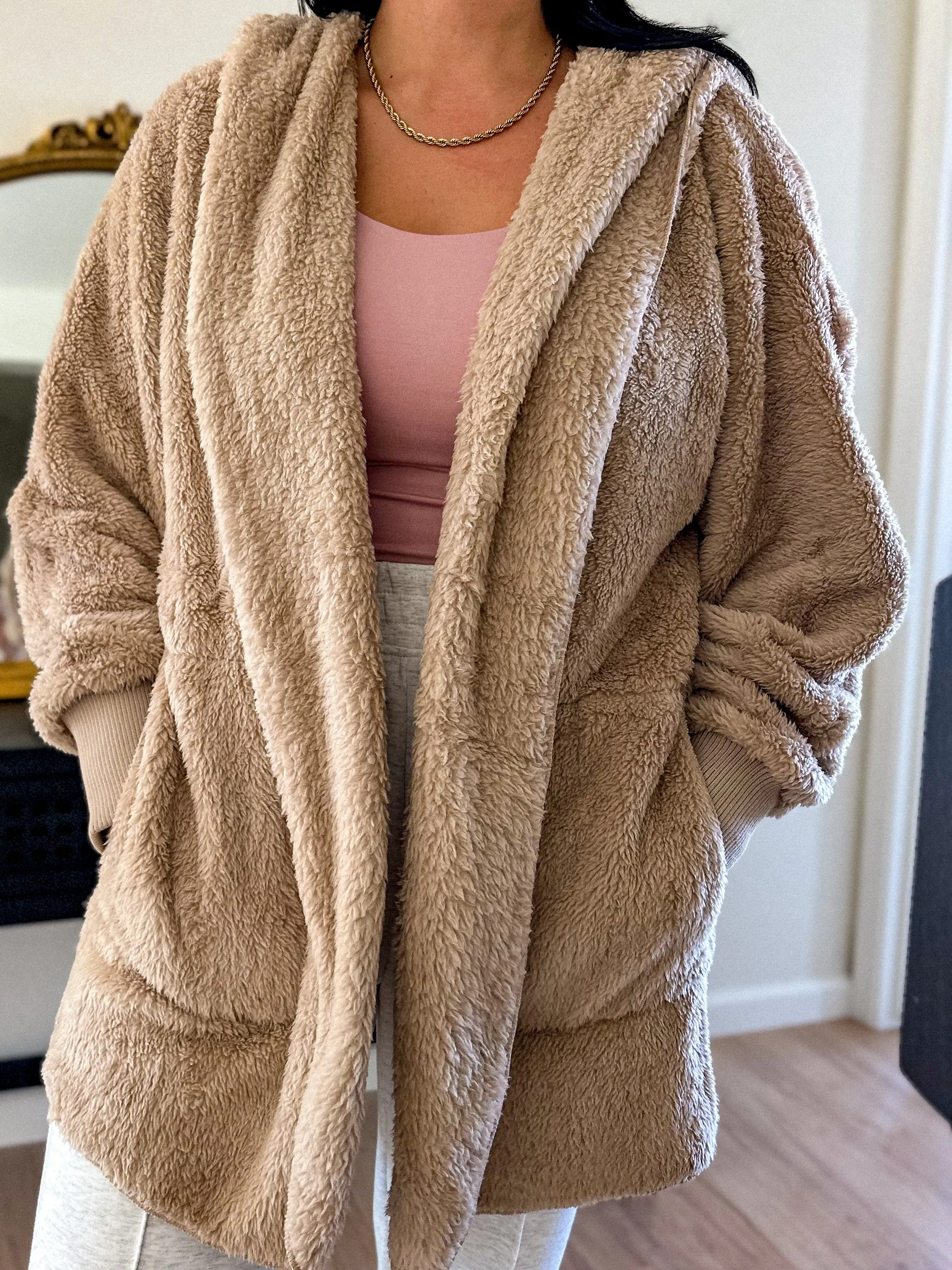 Cozy Plush Hooded Jacket - Beige