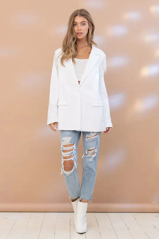 Crystal Fringe White Blazer