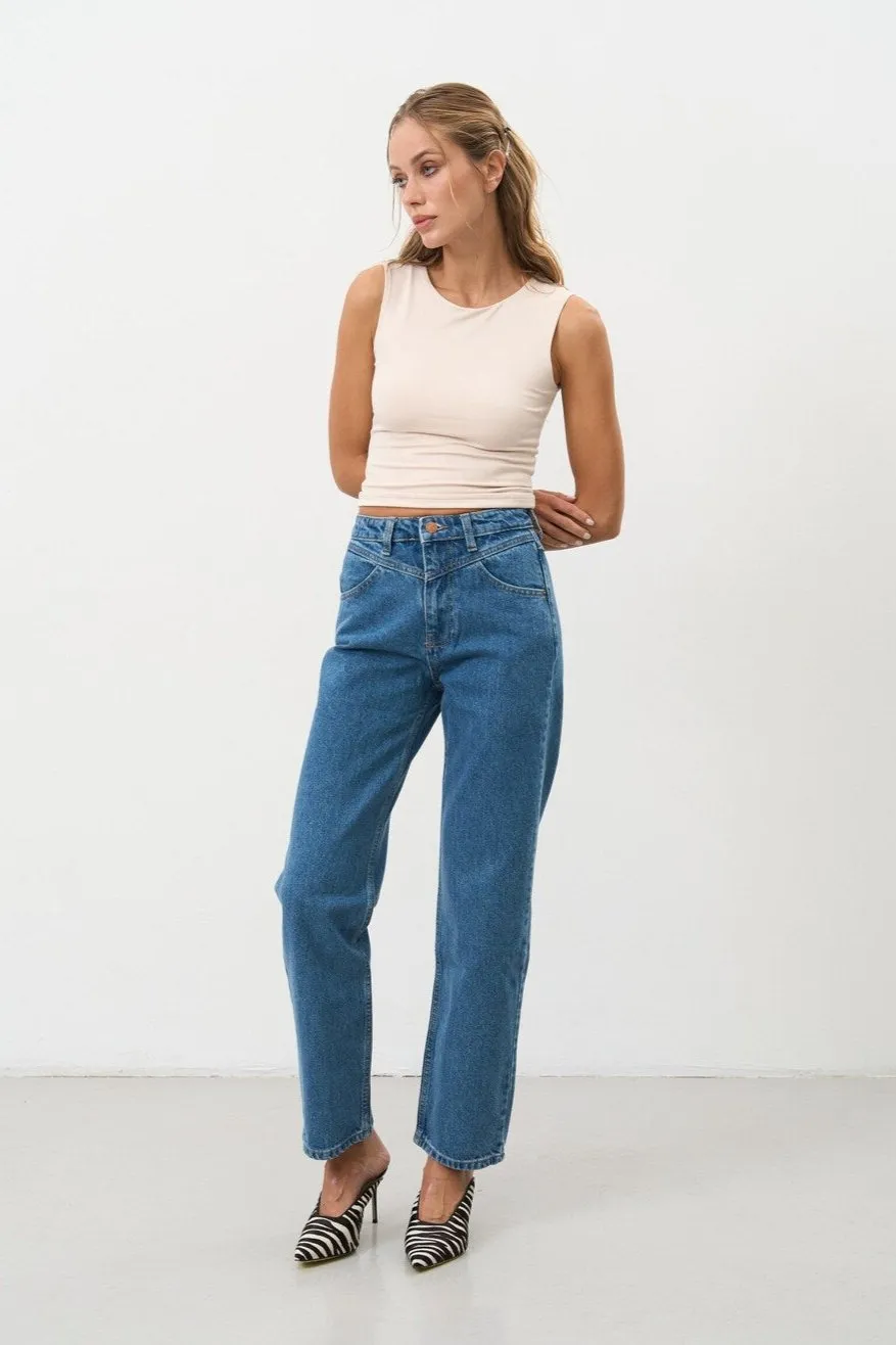 Dark Blue High Waisted Straight Leg Jeans