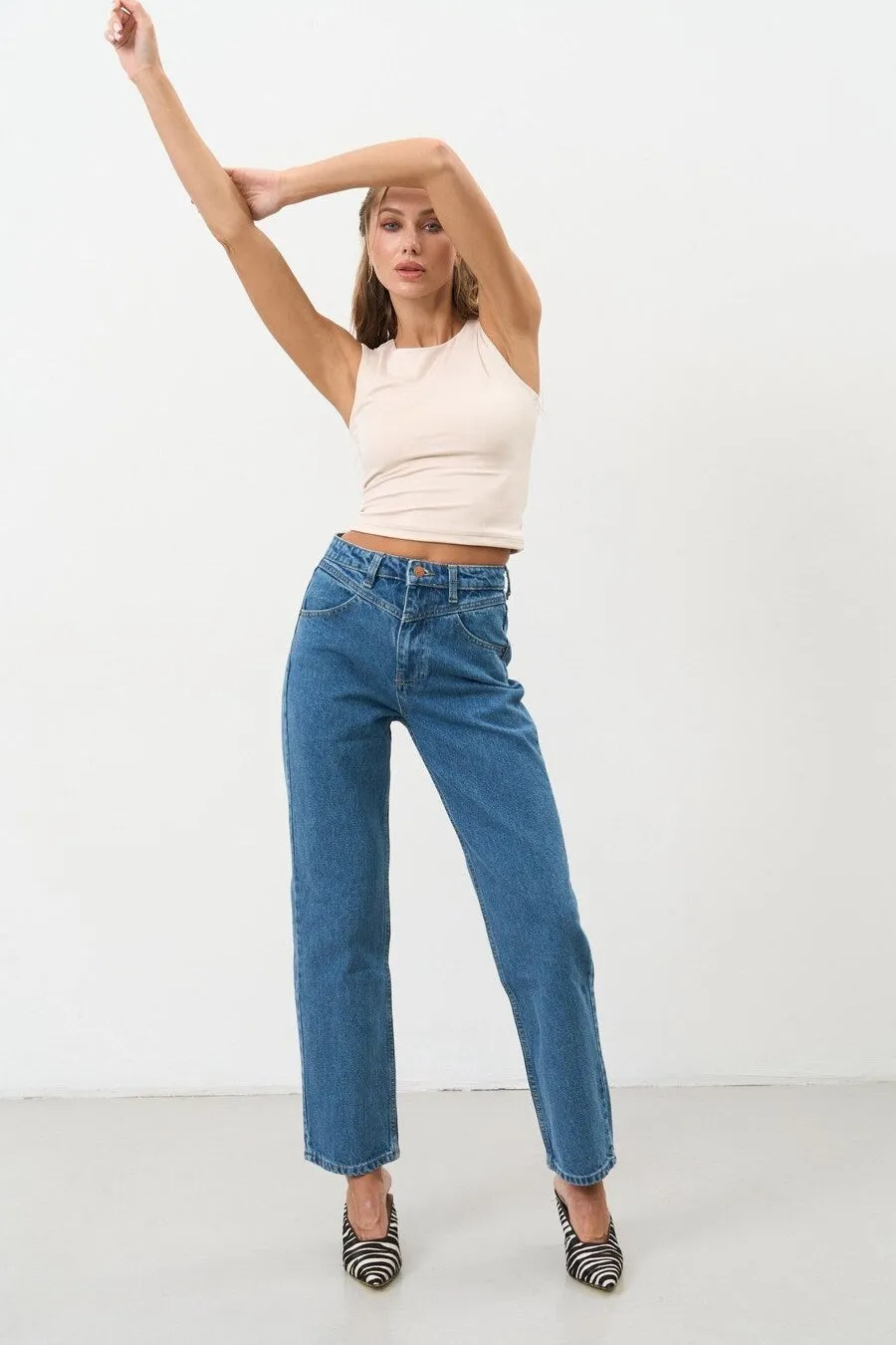 Dark Blue High Waisted Straight Leg Jeans