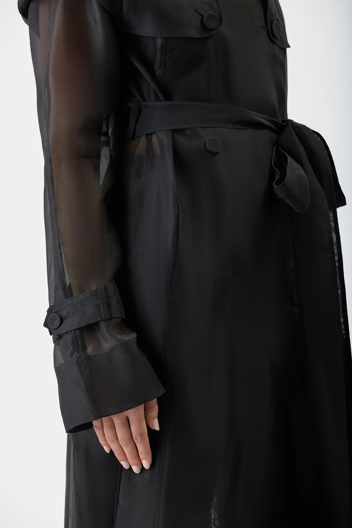 Eithne Sheer Trench Coat in Black Silk Organza