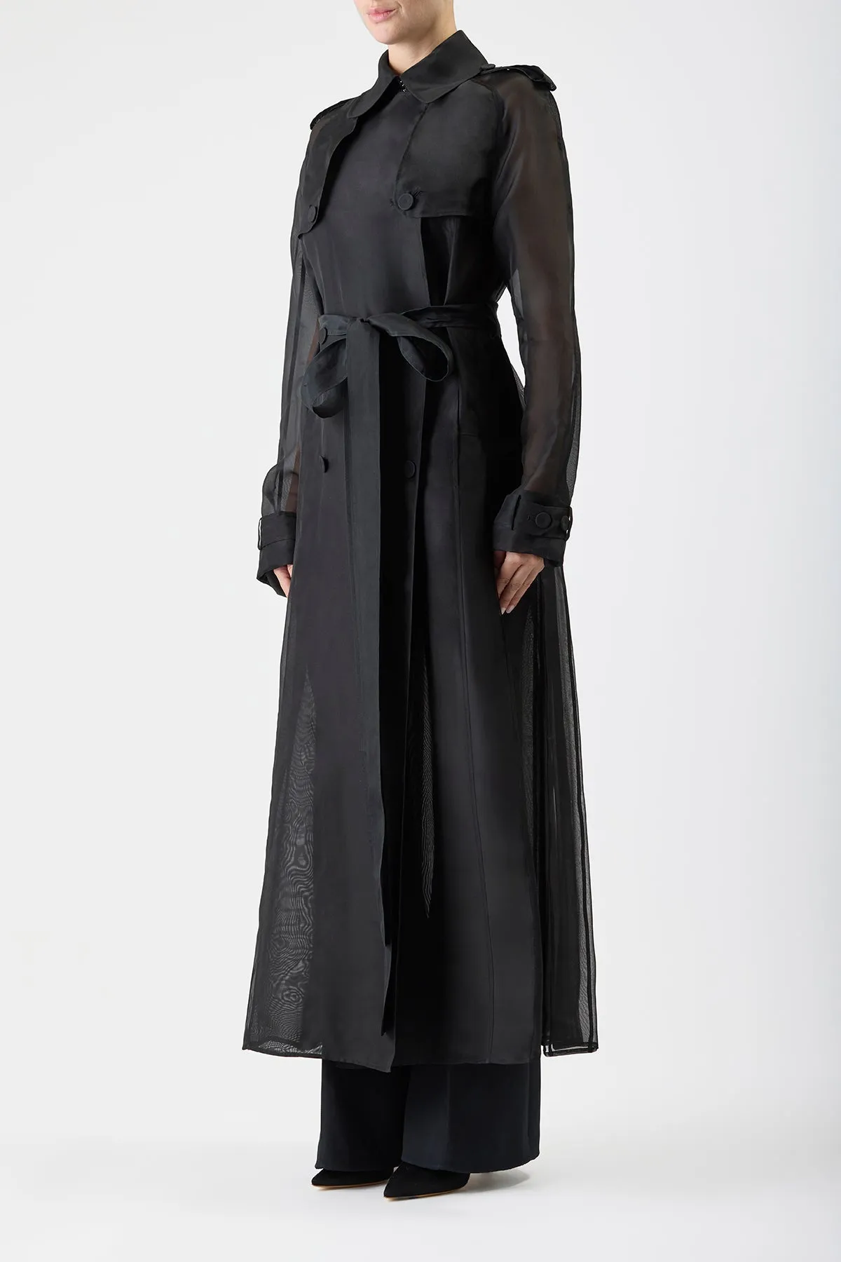 Eithne Sheer Trench Coat in Black Silk Organza