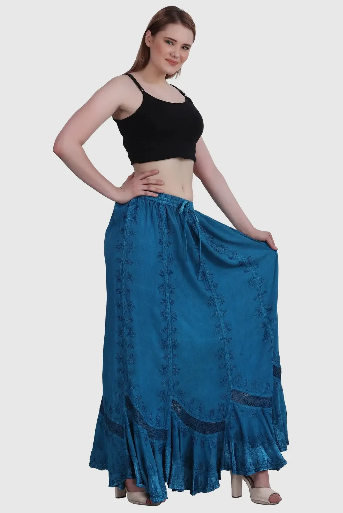 Embroidered Maxi Skirt in Teal