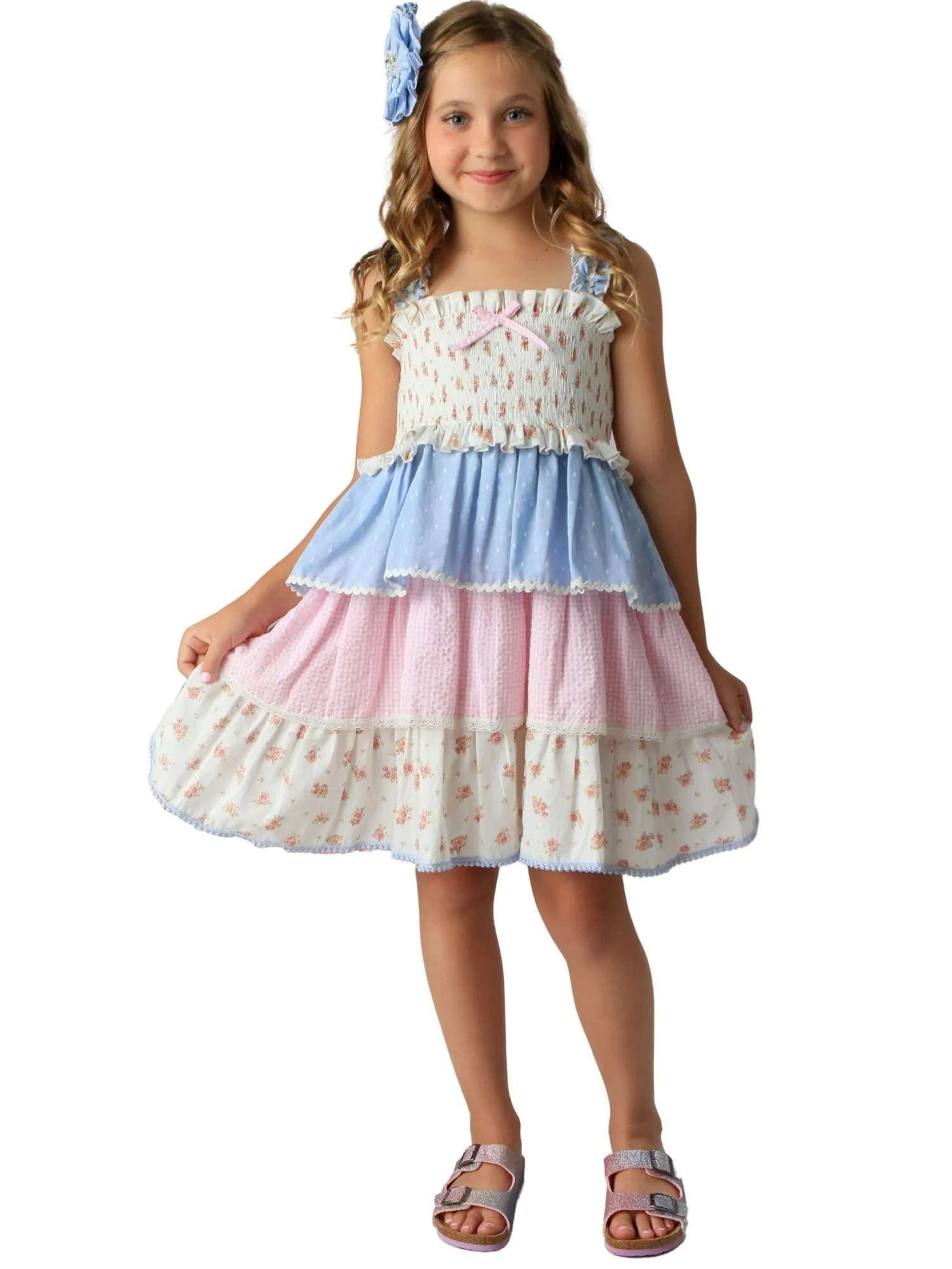 Girls White Floral Pink Gingham Sky Elodie Dress, Sizes 12M-14