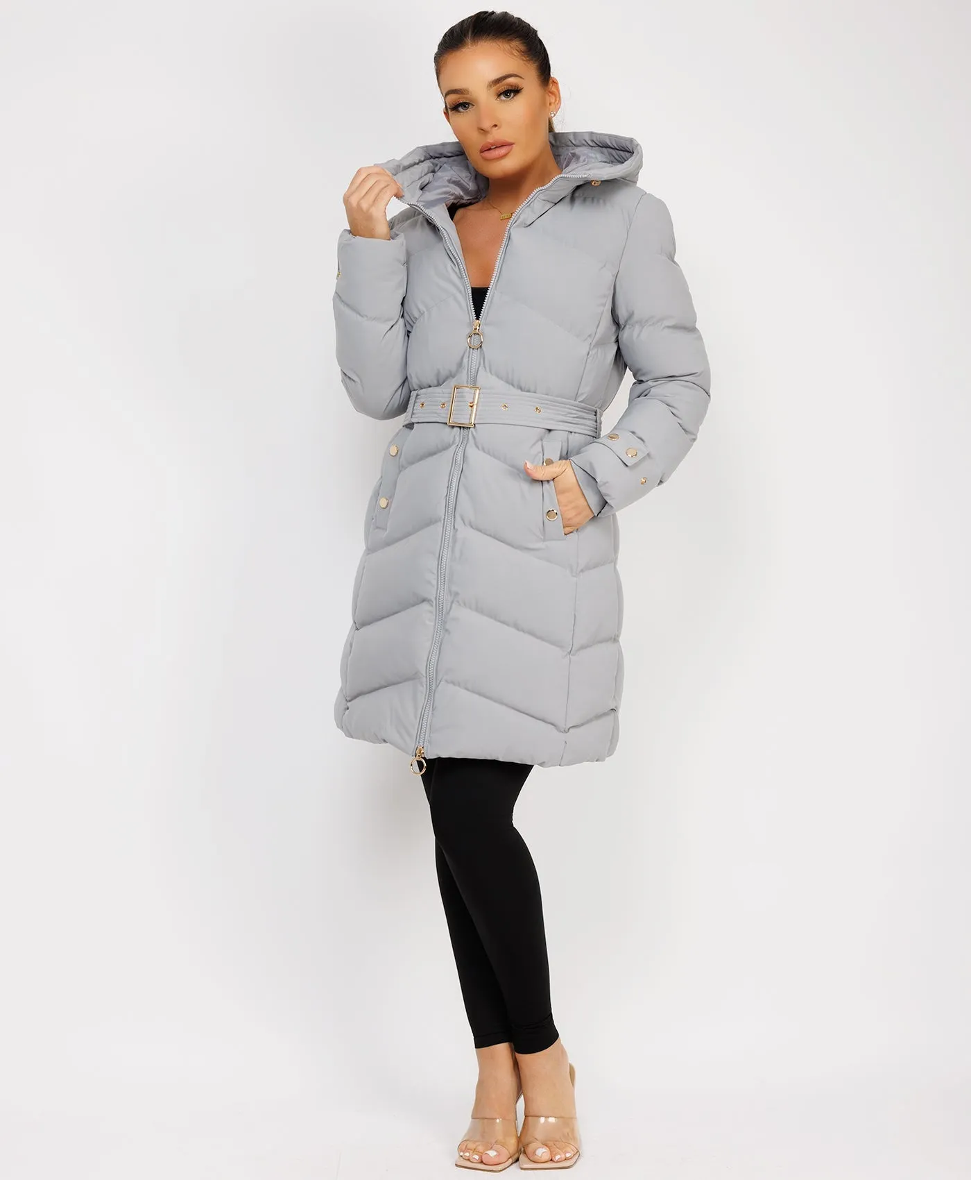 Grey Long Puffer Coat With Belt And Gold Button Detail