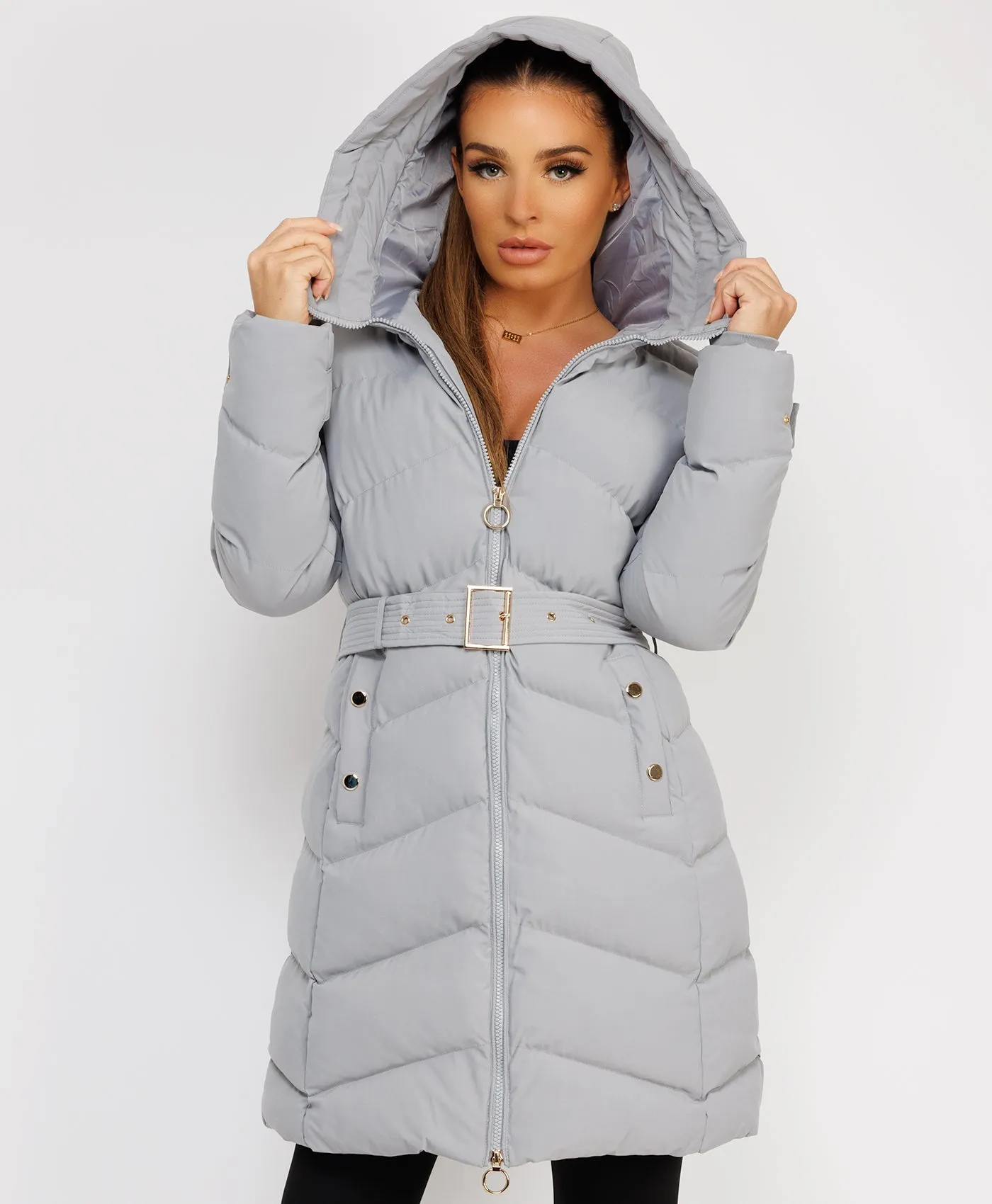 Grey Long Puffer Coat With Belt And Gold Button Detail