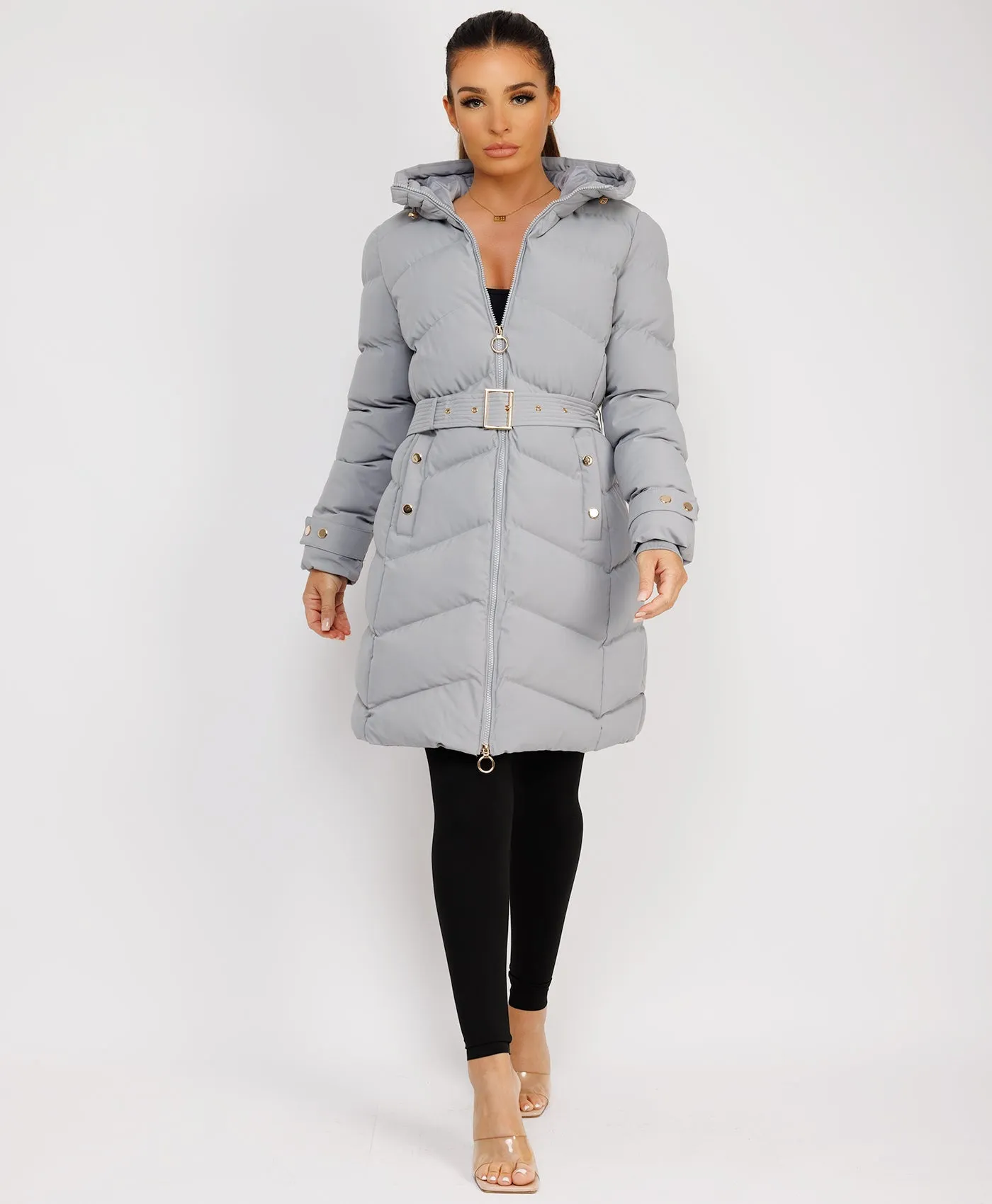 Grey Long Puffer Coat With Belt And Gold Button Detail