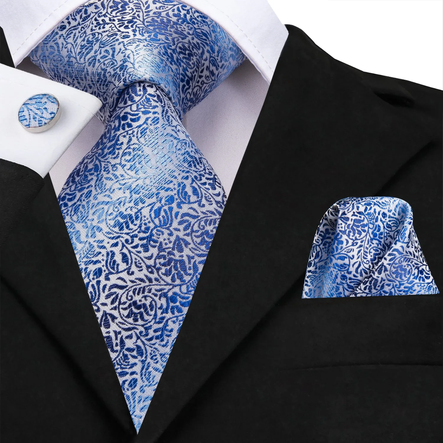 Hi-Tie Light Blue Tie Floral Necktie Pocket Square Cufflinks Sets