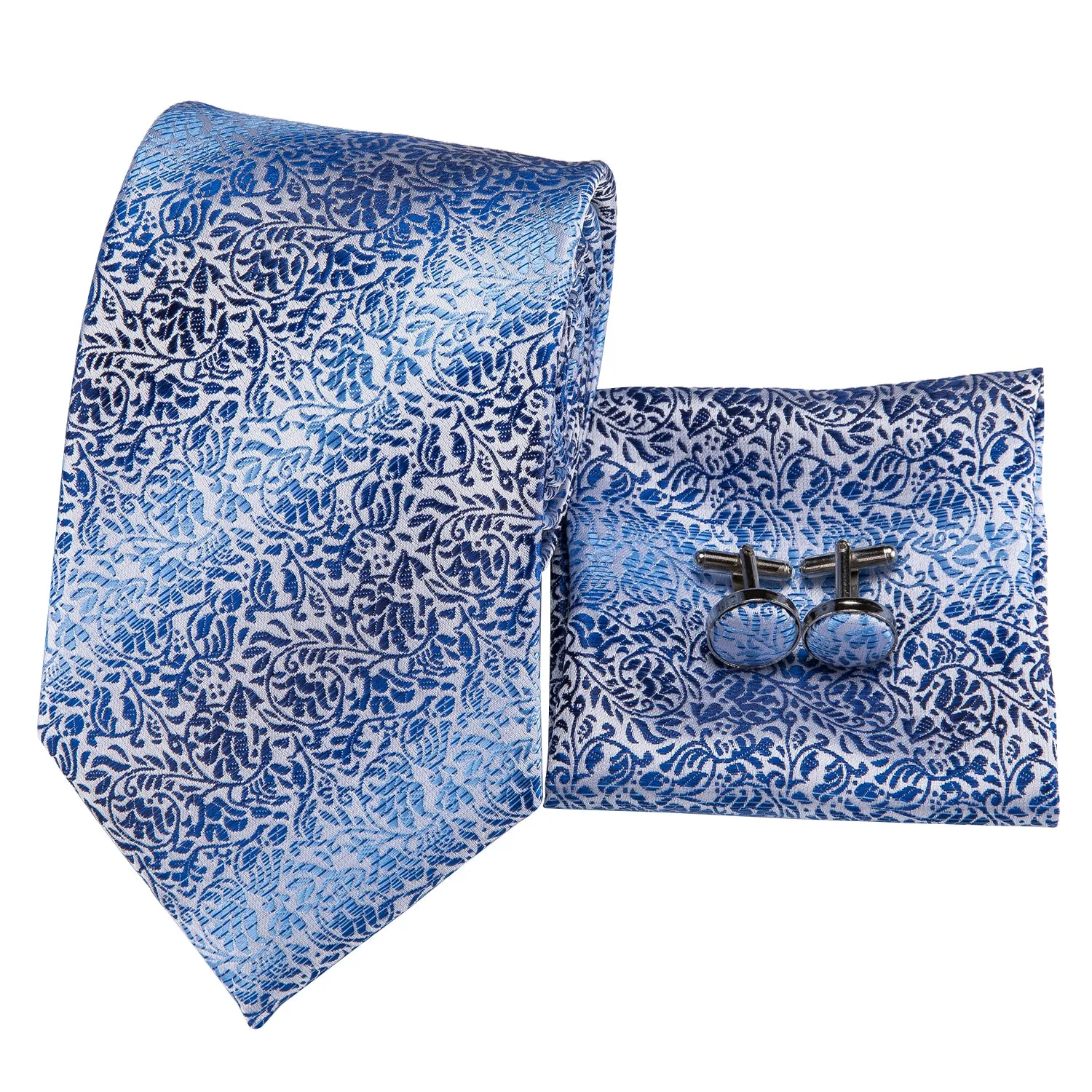 Hi-Tie Light Blue Tie Floral Necktie Pocket Square Cufflinks Sets