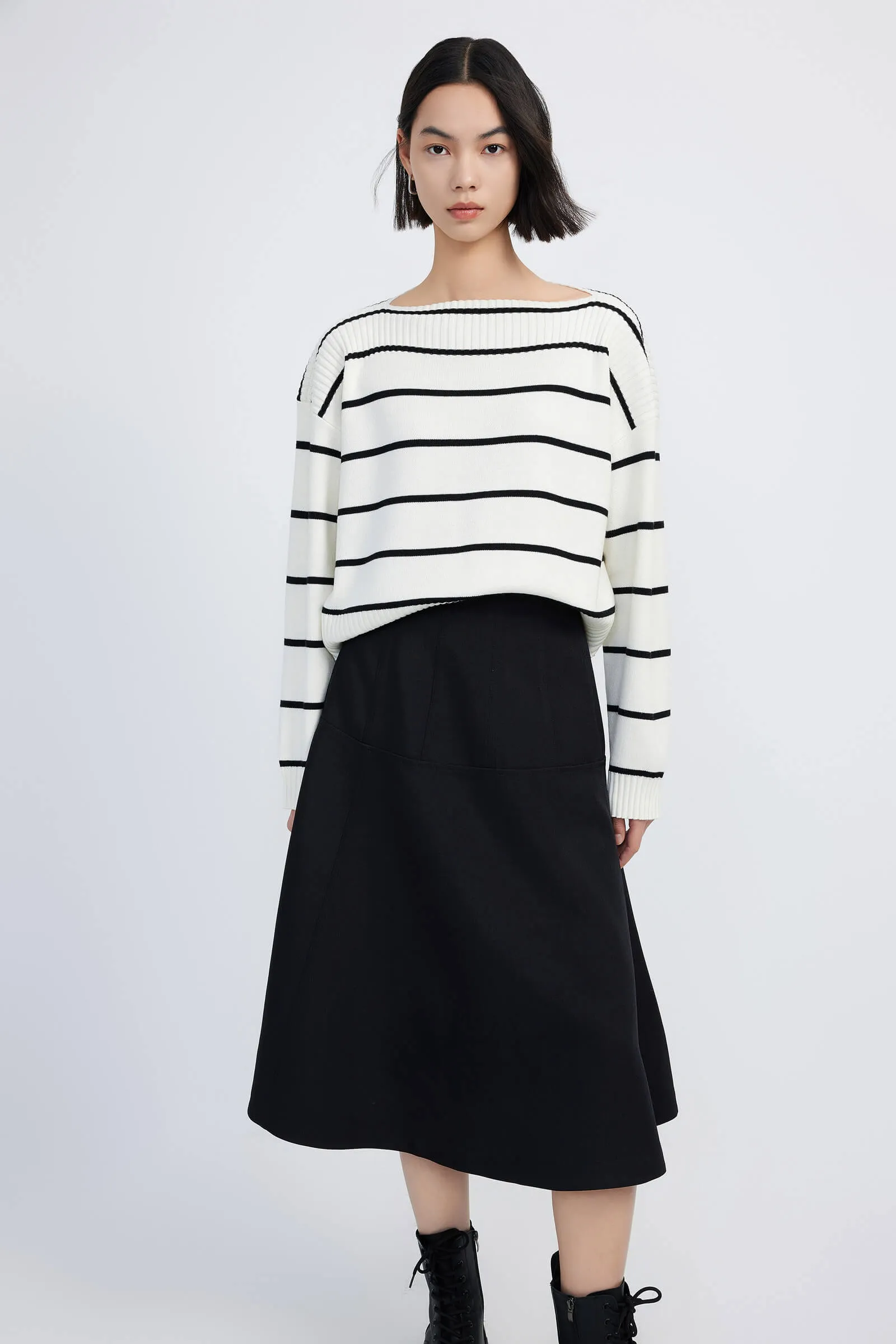 LILY Striped One-Shoulder Knit Sweater