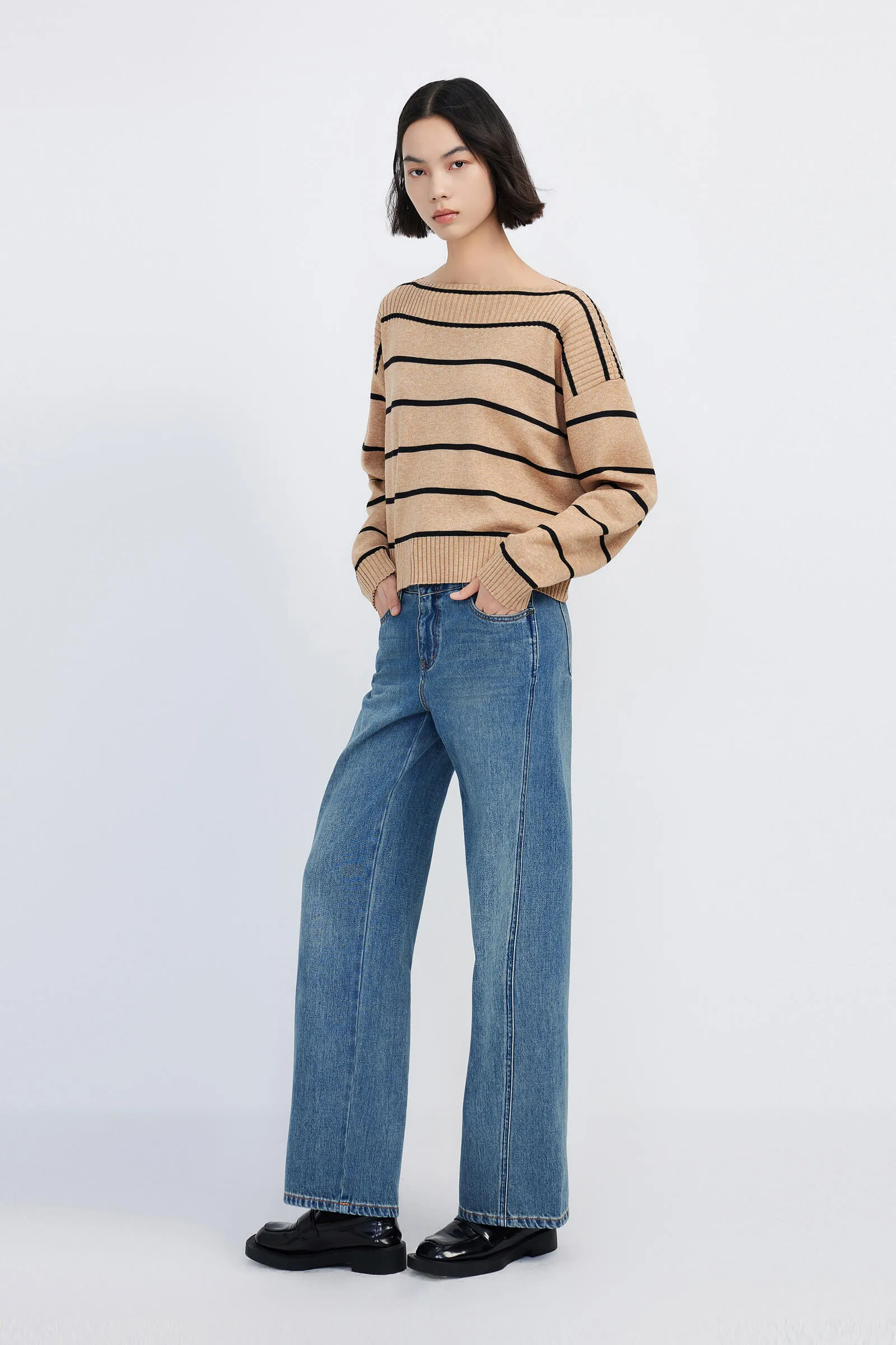 LILY Striped One-Shoulder Knit Sweater