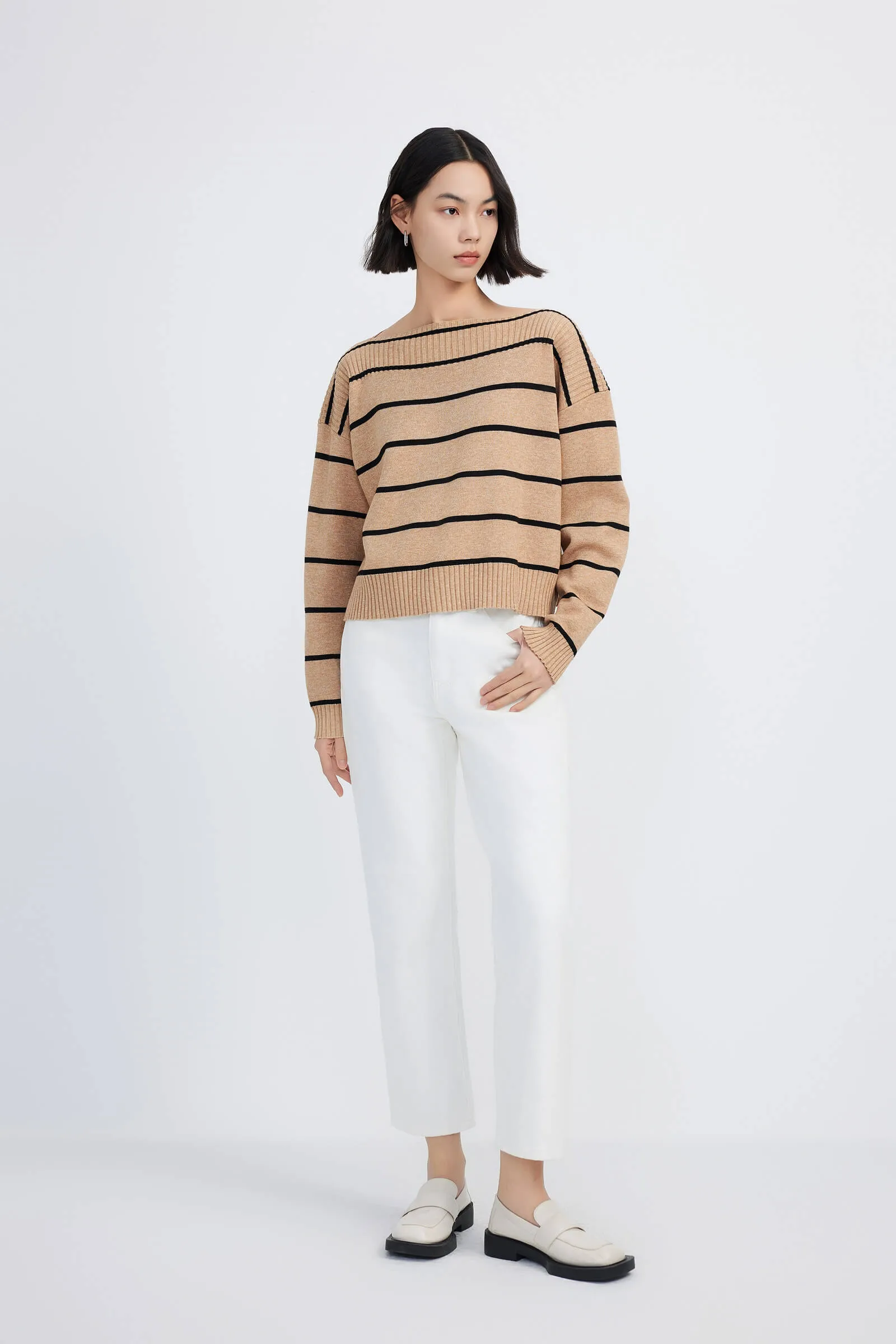 LILY Striped One-Shoulder Knit Sweater