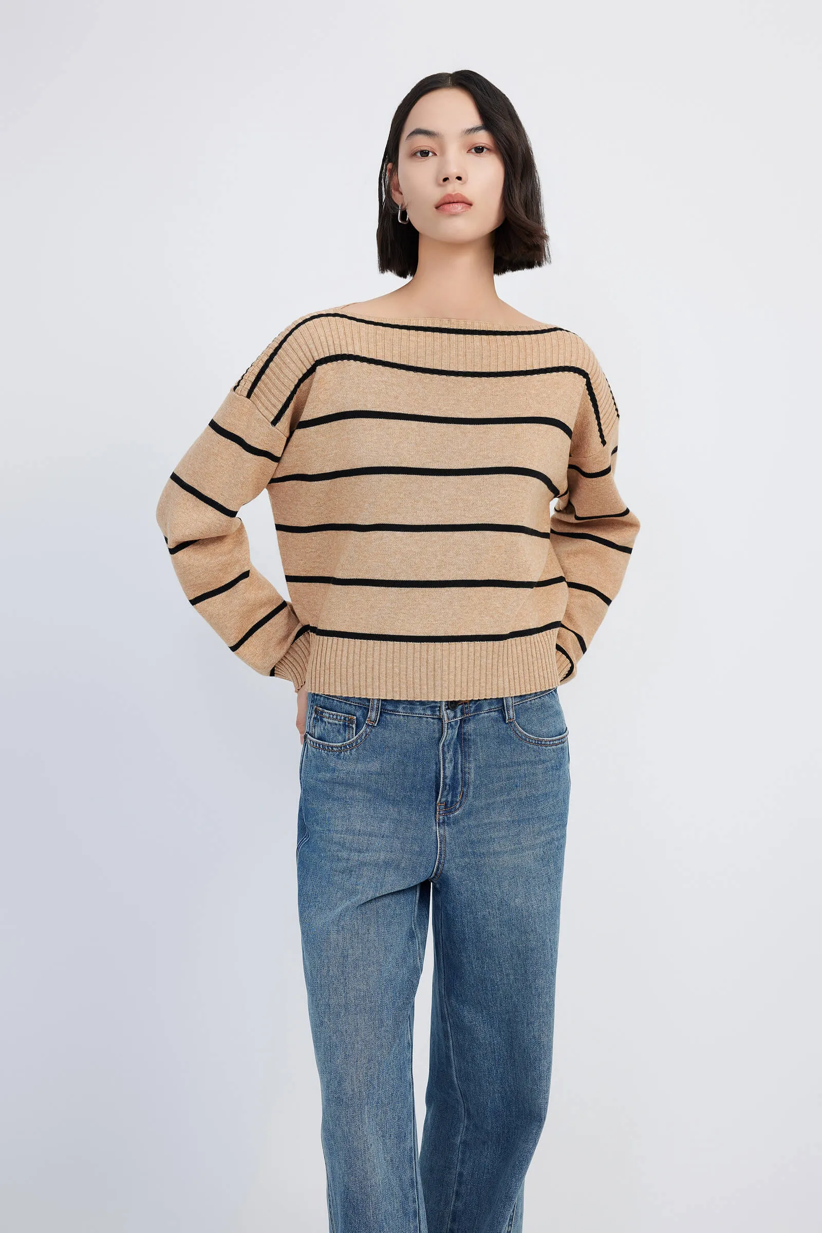 LILY Striped One-Shoulder Knit Sweater