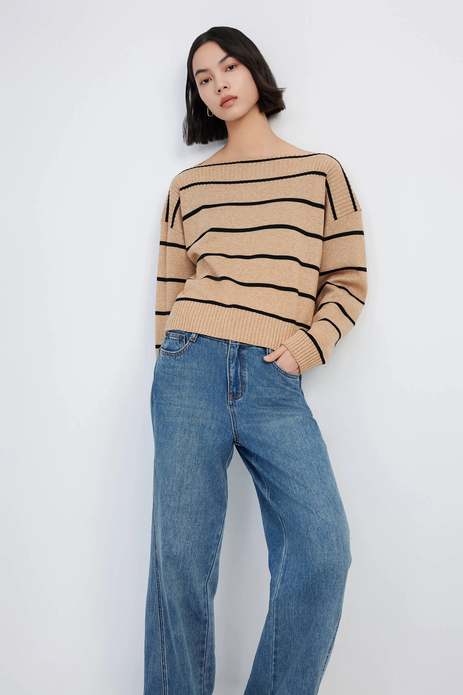 LILY Striped One-Shoulder Knit Sweater