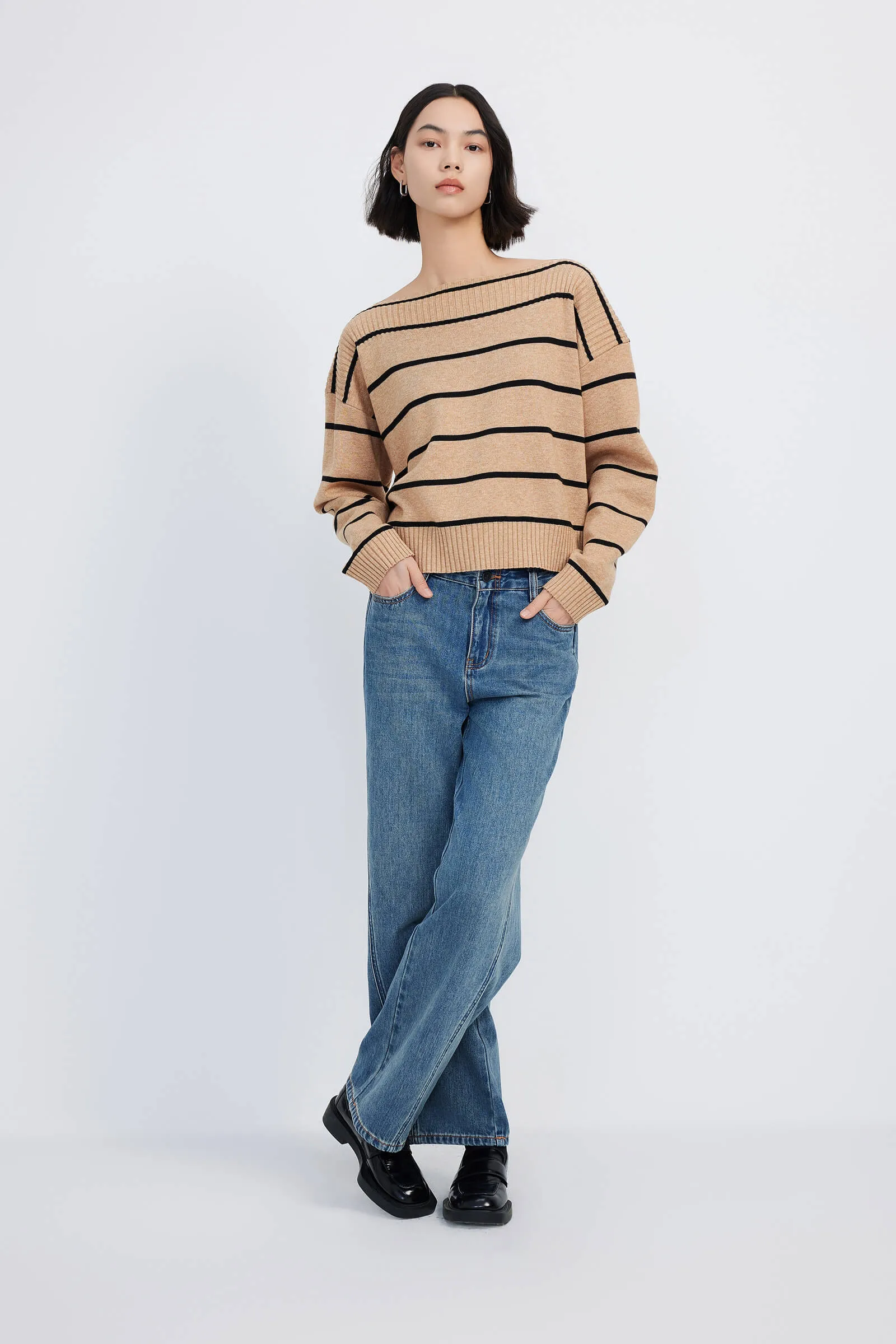 LILY Striped One-Shoulder Knit Sweater