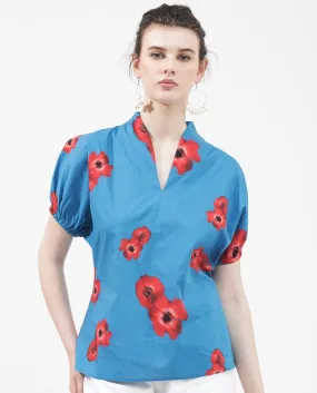 Rareism Women Archies Blue Cotton Fabric Short Sleeves V-Neck Floral Print Regular Fit Top