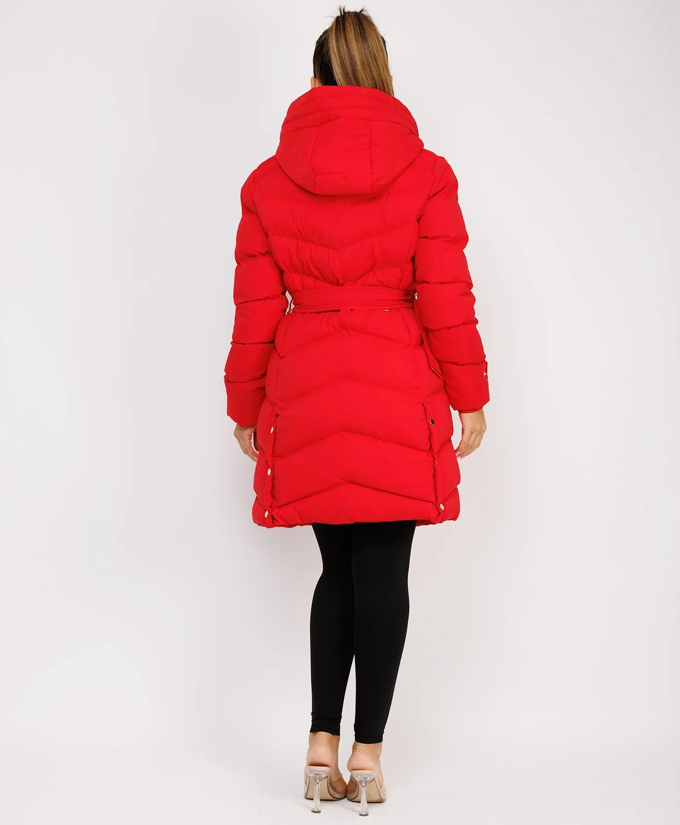 Red Long Puffer Coat With Belt And Gold Button Detail