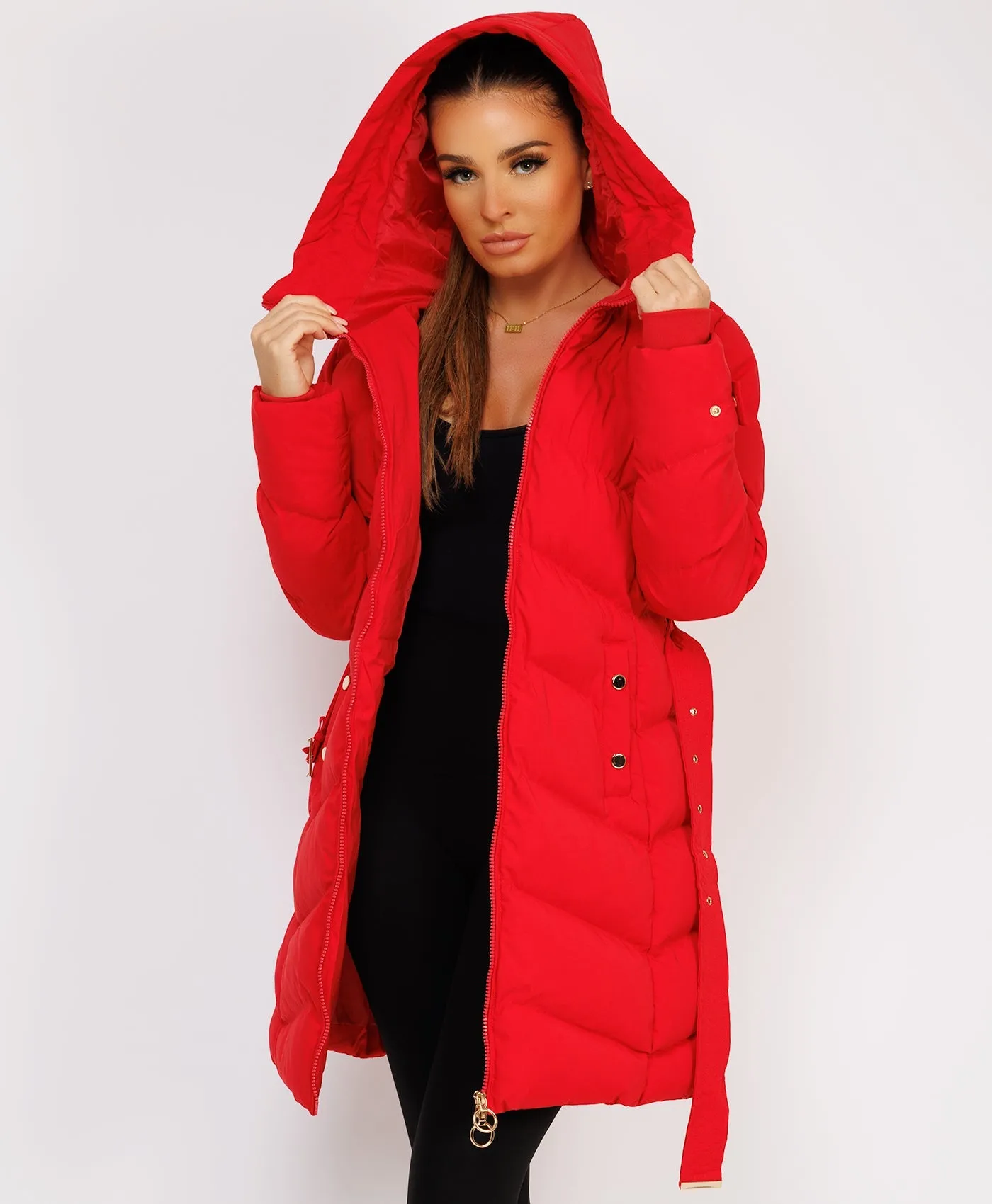 Red Long Puffer Coat With Belt And Gold Button Detail