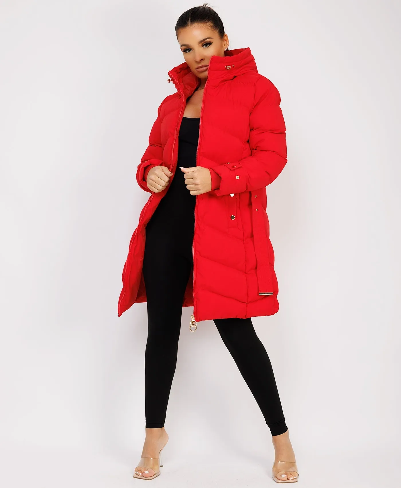 Red Long Puffer Coat With Belt And Gold Button Detail