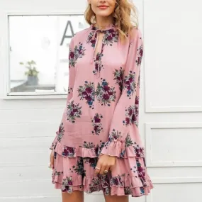 Ruffle V Neck Lace Up Print Mini Bohemian Dress