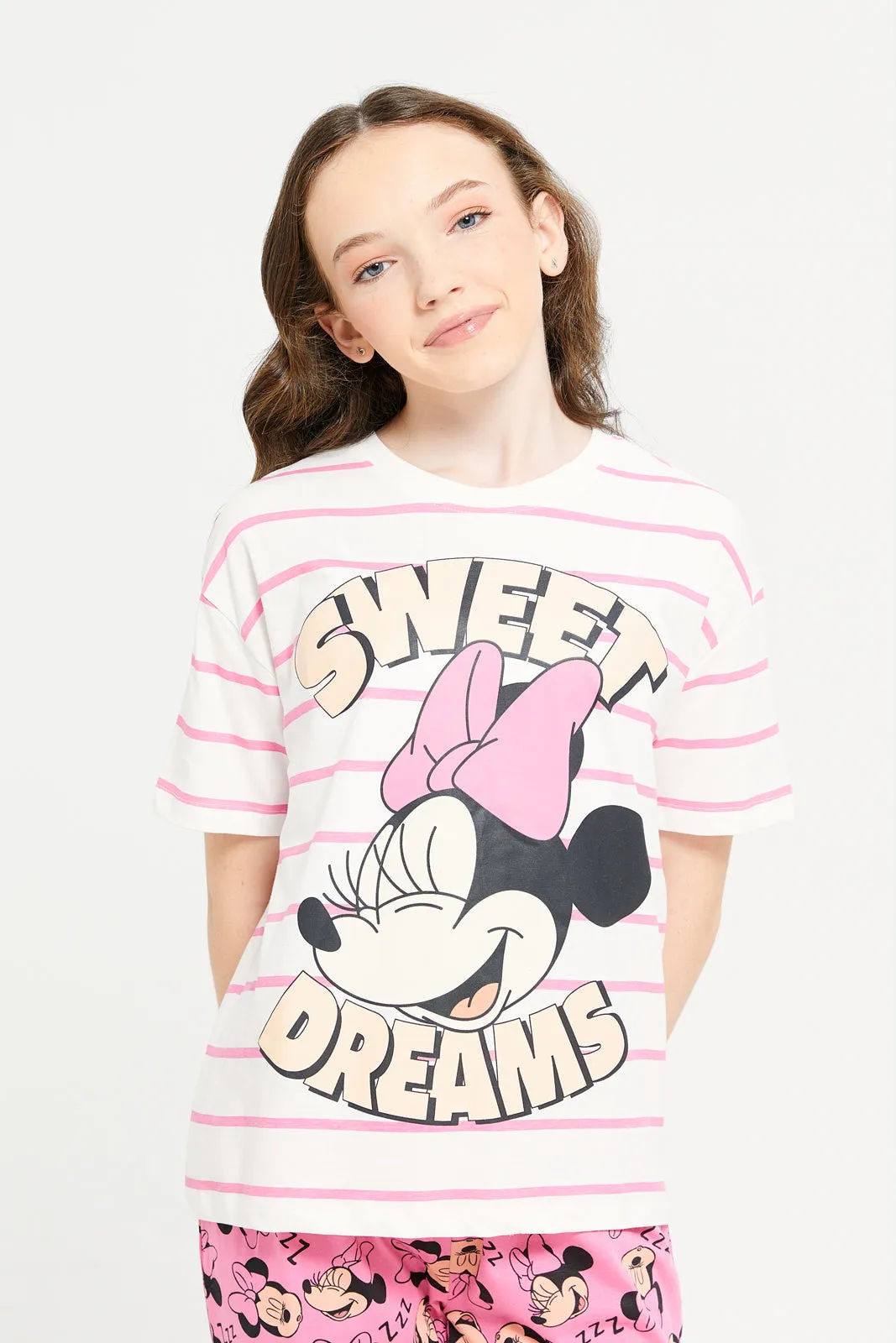 Senior Girls Pink Striped Minnie Mouse Pyjama Set (2 Piece)