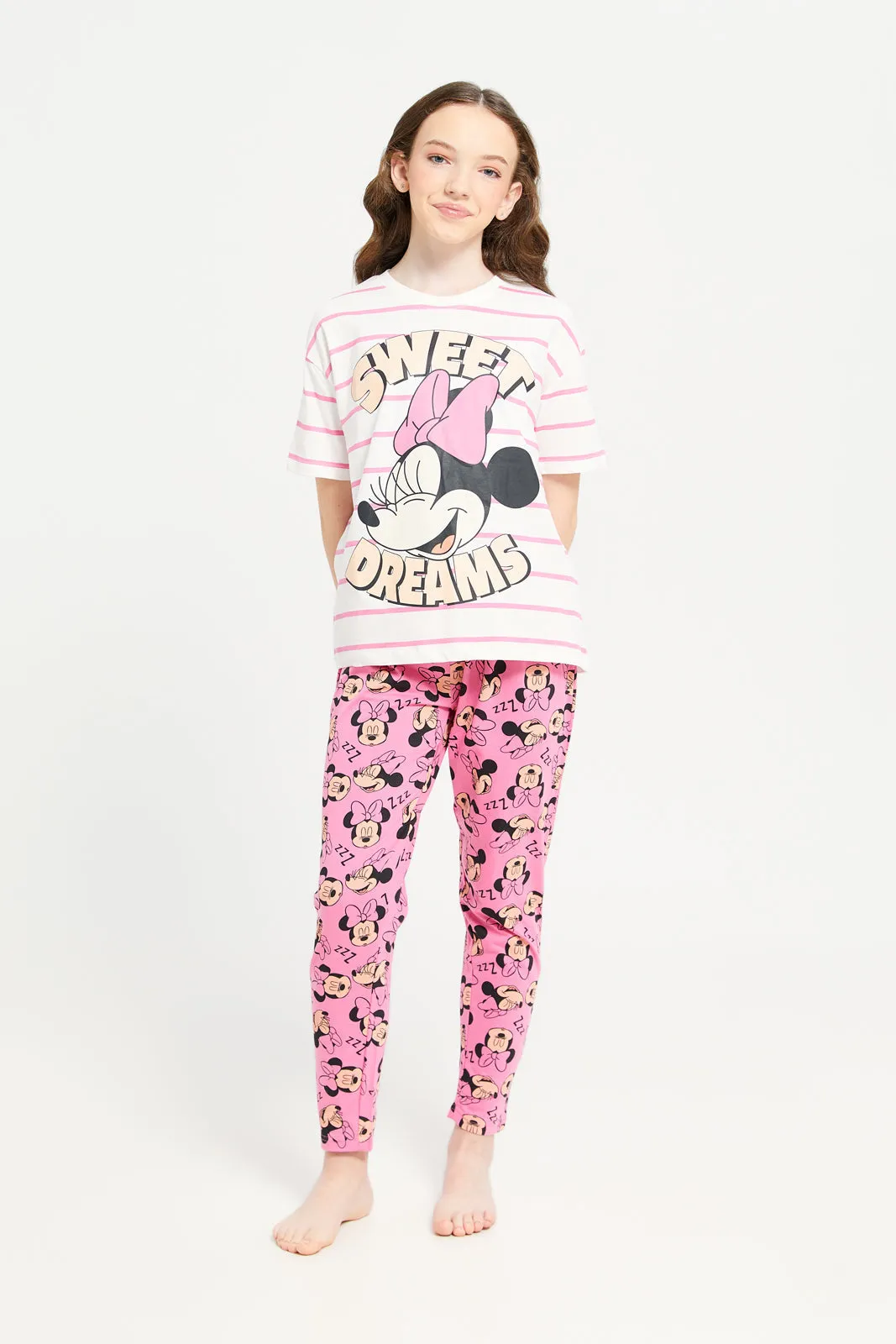 Senior Girls Pink Striped Minnie Mouse Pyjama Set (2 Piece)