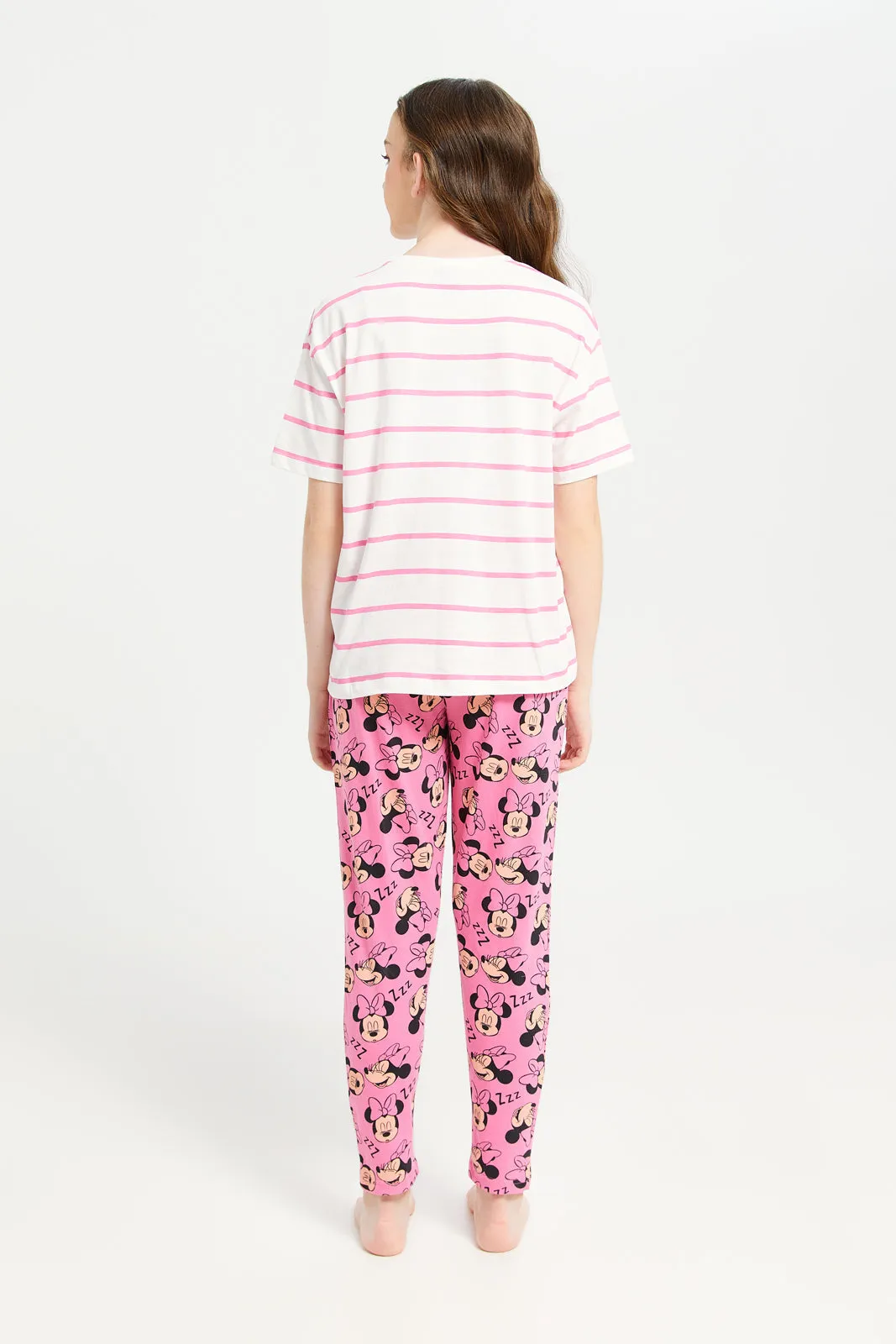 Senior Girls Pink Striped Minnie Mouse Pyjama Set (2 Piece)